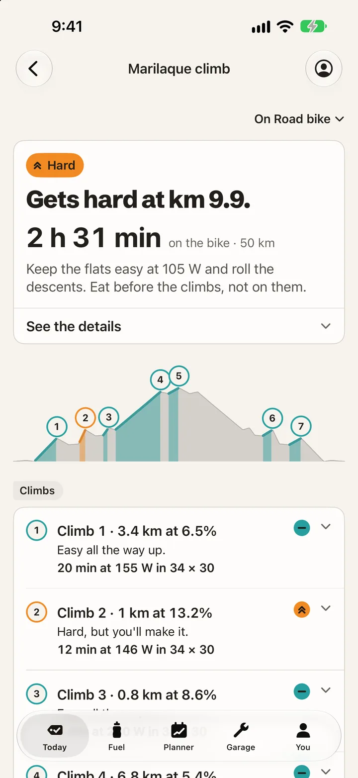 Saddlebag's forecast for the Marilaque climb: Hard, gets hard at km 9.9, 2 hours 31 minutes on the bike over 50 km, with each climb listed by length, grade, time, watts and gear.