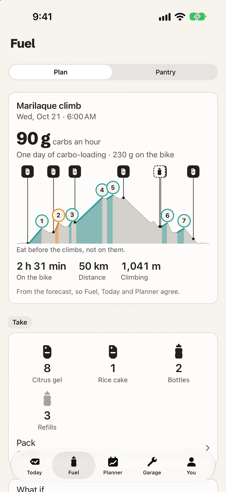 Fuel plan for the Marilaque climb: 90 g of carbs an hour, each gel and bottle pinned along the elevation profile, and what to take: 8 citrus gels, 1 rice cake, 2 bottles, 3 refills.