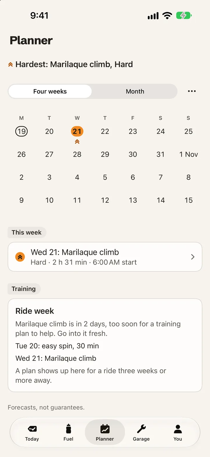 Planner showing four weeks, with Wednesday the 21st marked for the Marilaque climb, Hard, 2 hours 31 minutes.